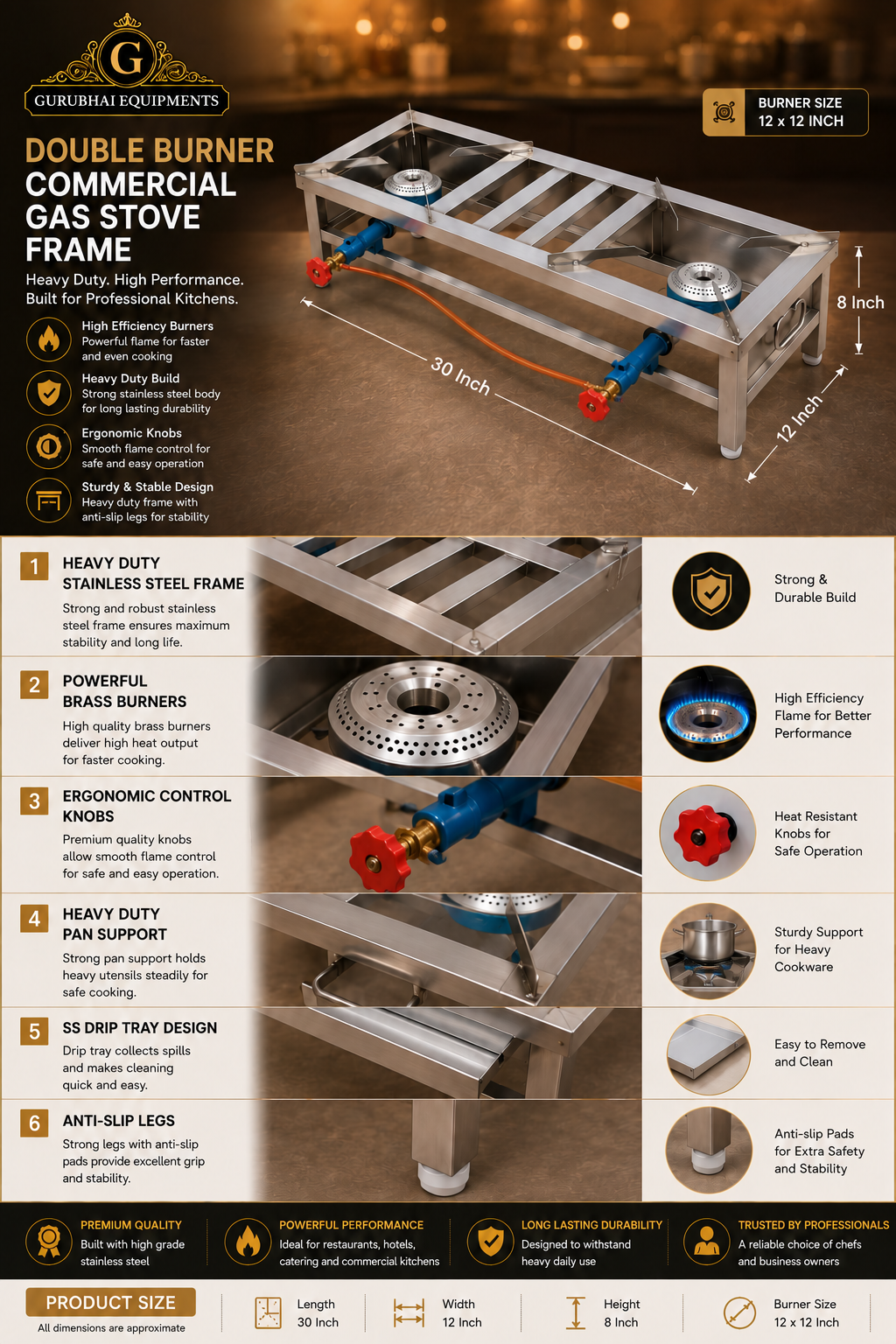 Double LPG catering burner with stainless steel frame — product image 5