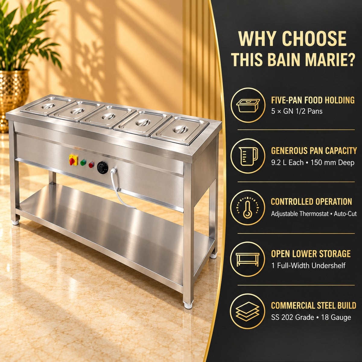 5 GN 1/2 Pan Electric Bain Marie – 36 × 20 × 32 in