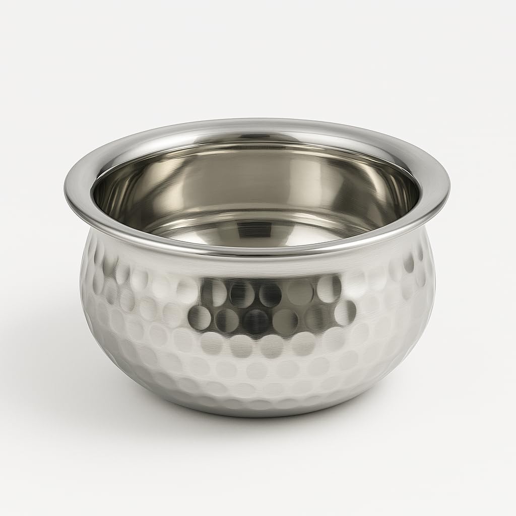 GURUBHAI EQUIPMENTS Stainless Steel Hammered Double-Layer Insulated Handi Set of 6-350ml Serving Bowls for Curry, Soup & Gravies - Premium Buffet & Restaurant Serveware