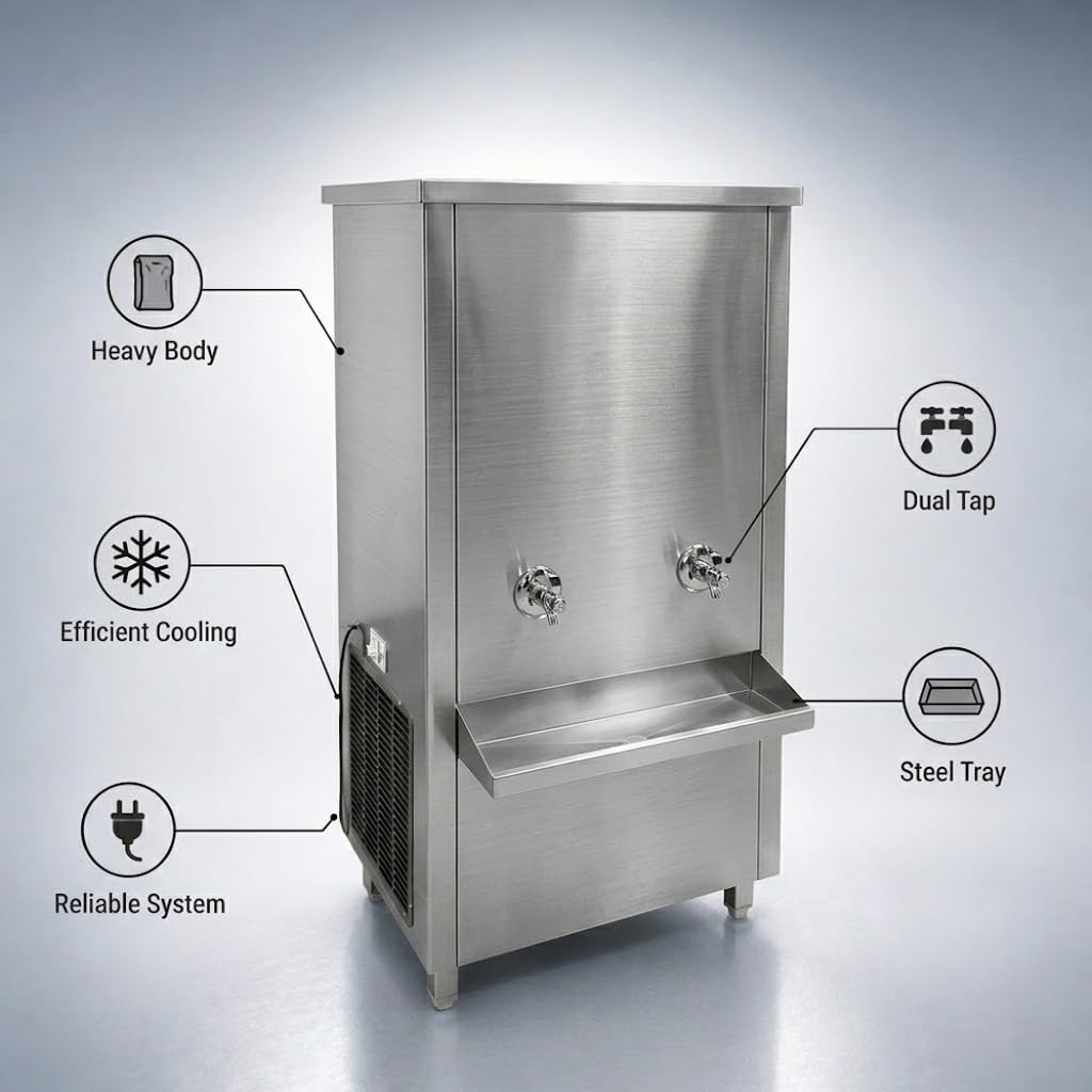 Gurubhai Equipments 150L Stainless Steel Water Cooler | Commercial Drinking Water Cooler Machine | Heavy Duty Electric Water Cooler for Office, School & Restaurant