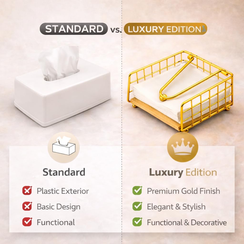 Gurubhai Equipments Gold Metal Napkin Holder with Wooden Base | Premium Tabletop Tissue Paper Holder with Pressure Arm | Luxury Napkin Stand for Dining Table, Restaurant, Cafe & Hotel (Golden)
