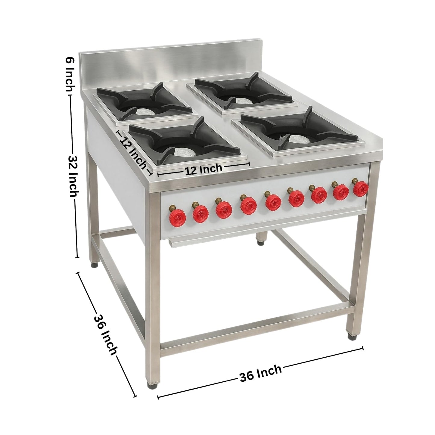 Gurubhai Equipments Stainless Steel Four Burner Gas Stove – Heavy-Duty Commercial Cooking Range with Backsplash & Control Valves | 4 Burner Range for Restaurant, Hotel & Industrial Kitchen Use