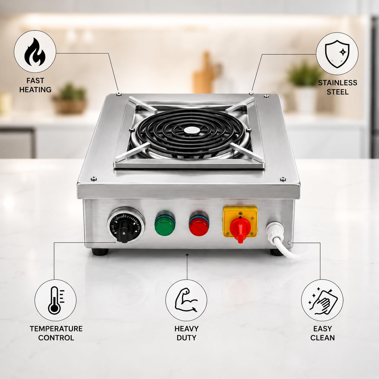 Gurubhai Equipment Commercial Induction Cooktop | Induction Stove with Temperature Control | Heavy Duty Induction Cooker for Restaurant, Hotel & Catering Kitchen (SS-IND-2500W)