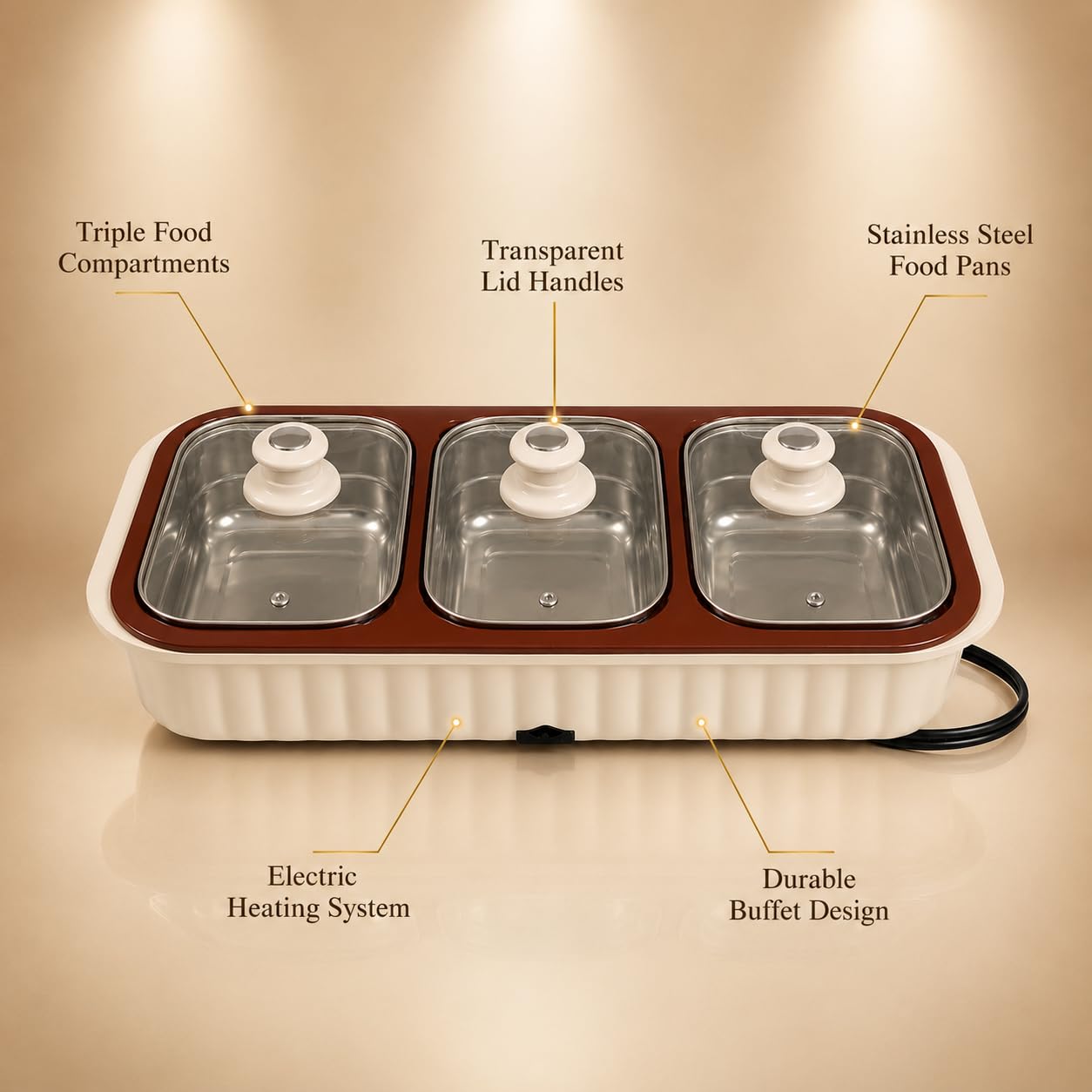 Gurubhai Equipments Electric Food Warmer with 3 Stainless Steel Pans & Lids | Buffet Server Hot Pot for Curry, Gravy & Snacks | Tabletop Electric Chafing Dish for Home, Party & Catering