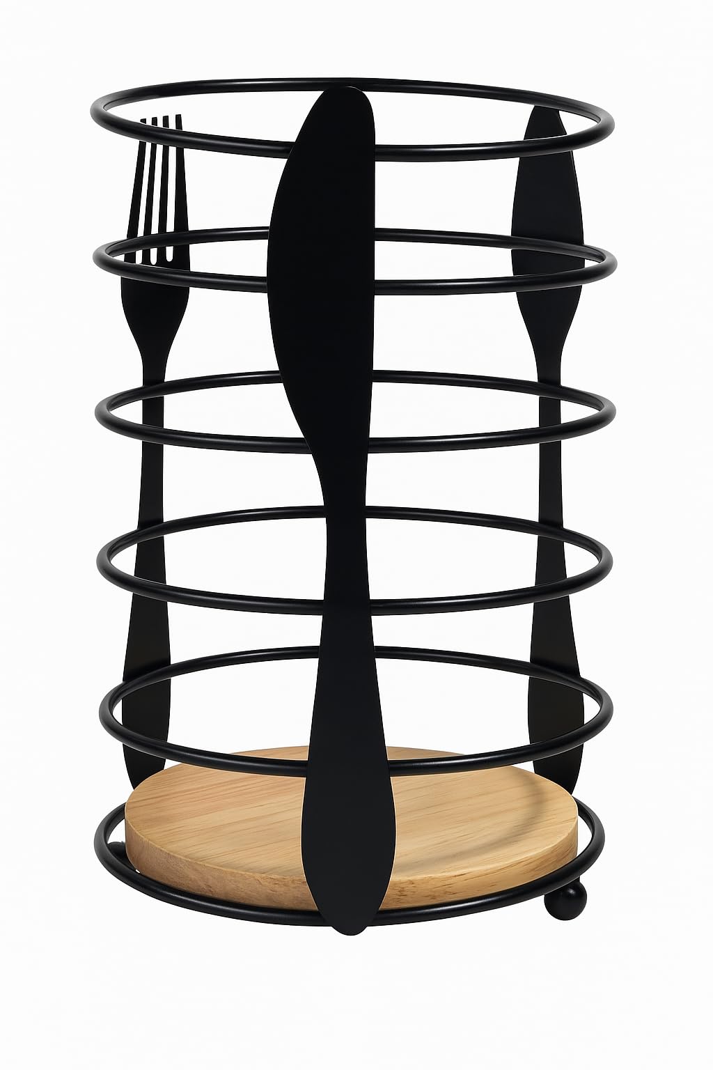 GURUBHAI EQUIPMENTS Round Cutlery Holder with Wooden Base – Black Metal Utensil Stand for Dining Table | Spoon Fork Knife Organizer for Kitchen, Home, Café & Restaurant Use