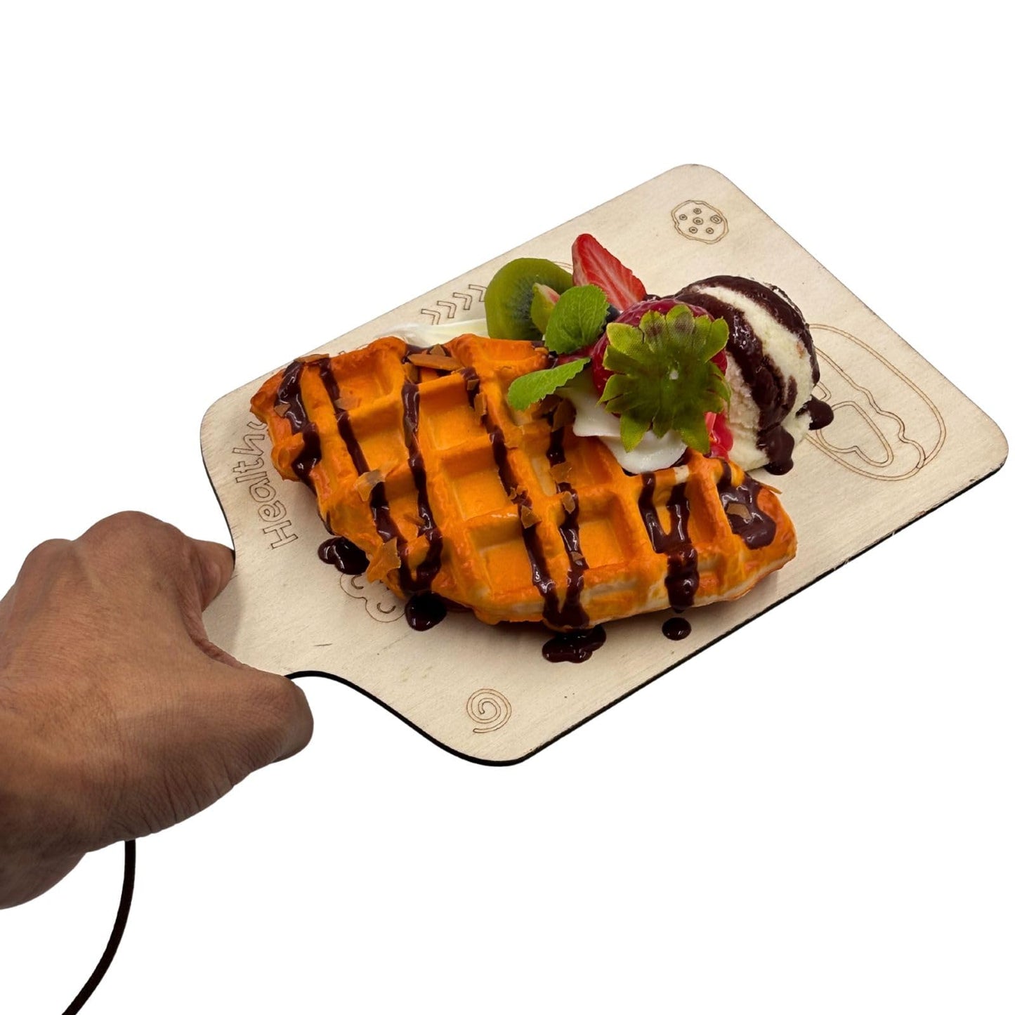 GURUBHAI EQUIPMENTS Artificial Waffle Dessert Display with Ice Cream & Fruits | Realistic Fake Food Model for Cafe Decor, Bakery Counter, Photography Prop with Display Board