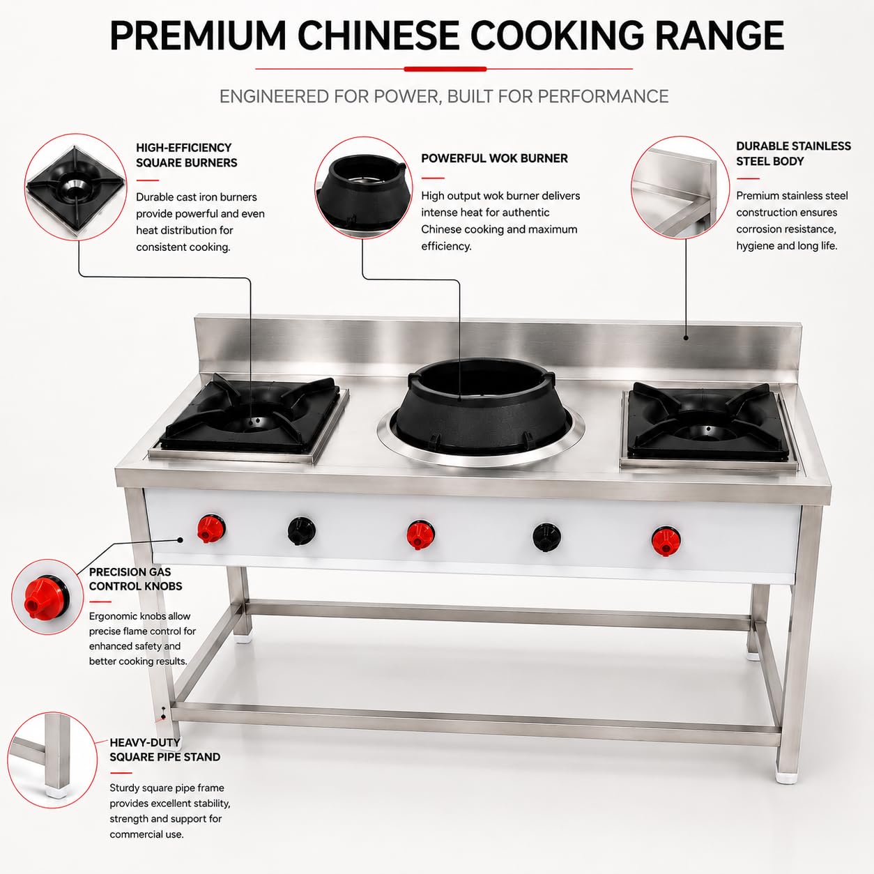 Gurubhai Equipments 3 Burner Stainless Steel Commercial Gas Stove with 1 Chinese Burner & 2 Single Burners Heavy Duty Cooking Range for Hotel Restaurant Kitchen