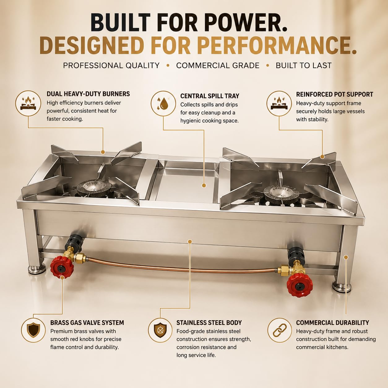 Gurubhai Equipments Double Catering Burner Commercial LPG Gas Stove Heavy Duty Cooking Range for Hotel Restaurant Catering Kitchen