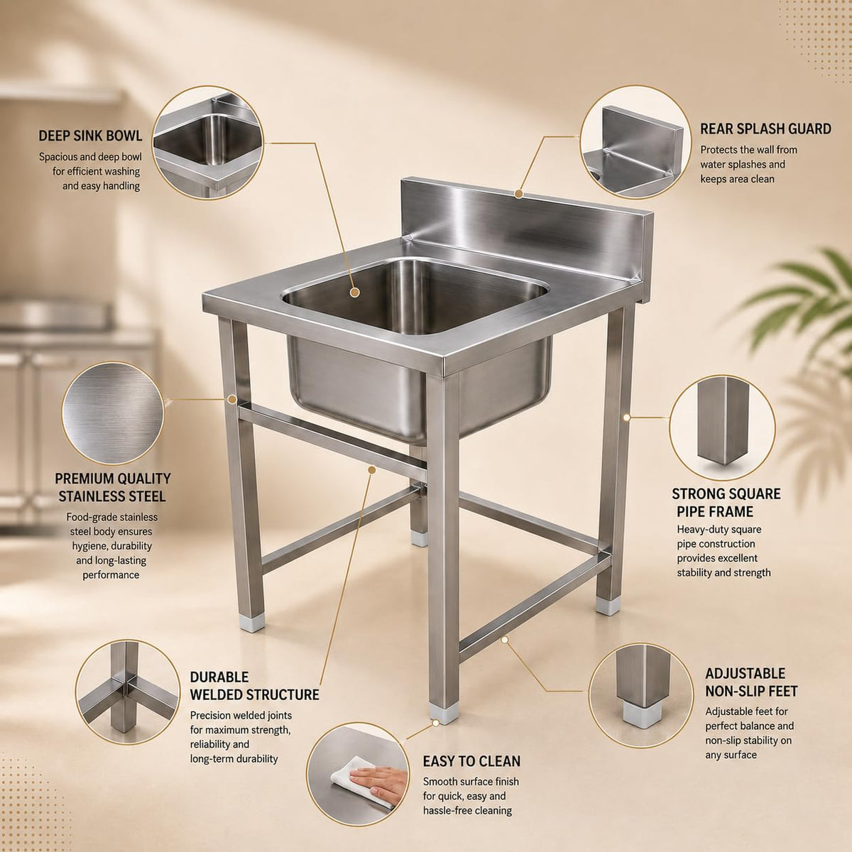Gurubhai Equipments Stainless Steel Single Bowl Sink Unit with Backsplash | Heavy-Duty Commercial Kitchen Sink Table for Restaurants, Hotels & Catering Use