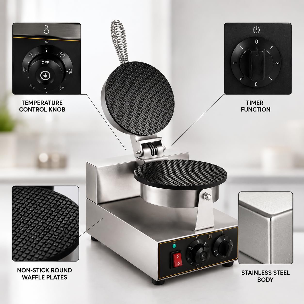 Gurubhai Equipments Round Waffle Cone Maker Machine, Commercial Electric Waffle Cone Baker, Ice Cream Cone Maker for Cafe Bakery Restaurant