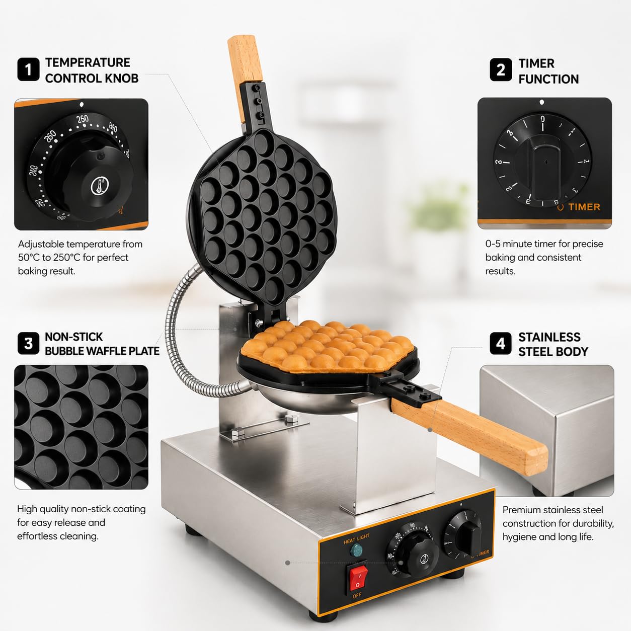 Gurubhai Equipments Bubble Waffle Machine, Commercial Electric Egg Waffle Maker, Hong Kong Style Bubble Waffle Baker for Cafe Restaurant