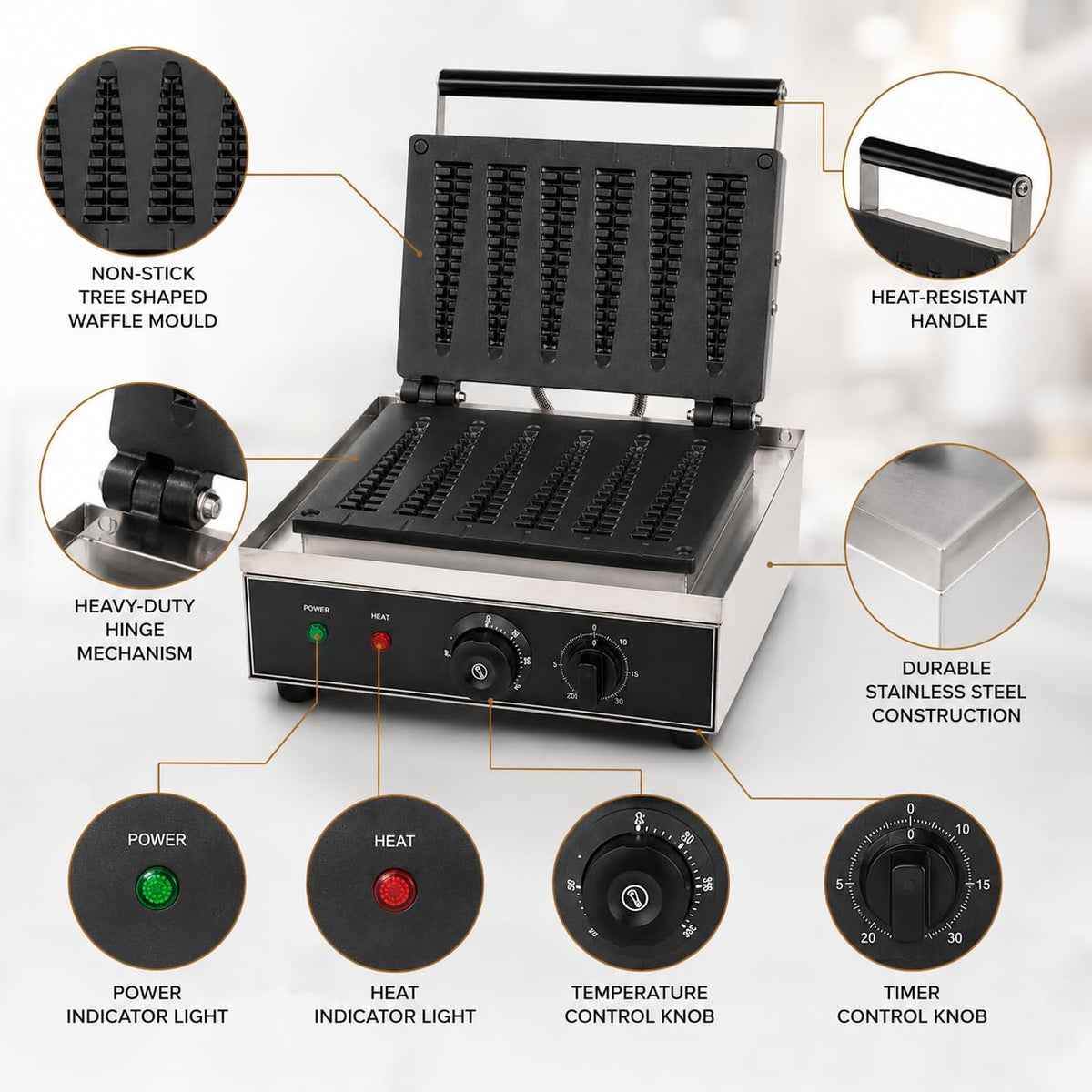 Commercial 6-Lolly Electric Waffle Maker with Timer & Temperature Control 16x38 - product view 7