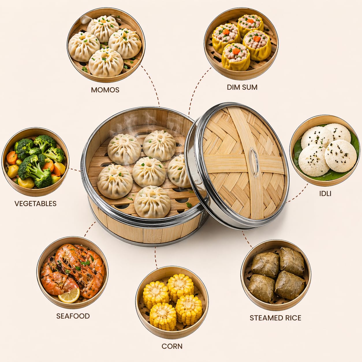 Gurubhai Equipments Bamboo Stainless Steel 16 Cm Steamer Basket with Lid – 1 Tier Round | Traditional Wooden Steamer for Momos, Dim Sum, Dumplings & Vegetables | Eco-Friendly Food Steamer for Healthy Cooking