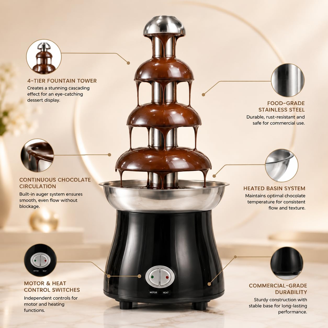 Gurubhai Equipments Electric Chocolate Fountain Machine with Stainless Steel Tower | 3-Tier Chocolate Fountain | Motor & Heating Control for Parties, Hotels, Catering & Events