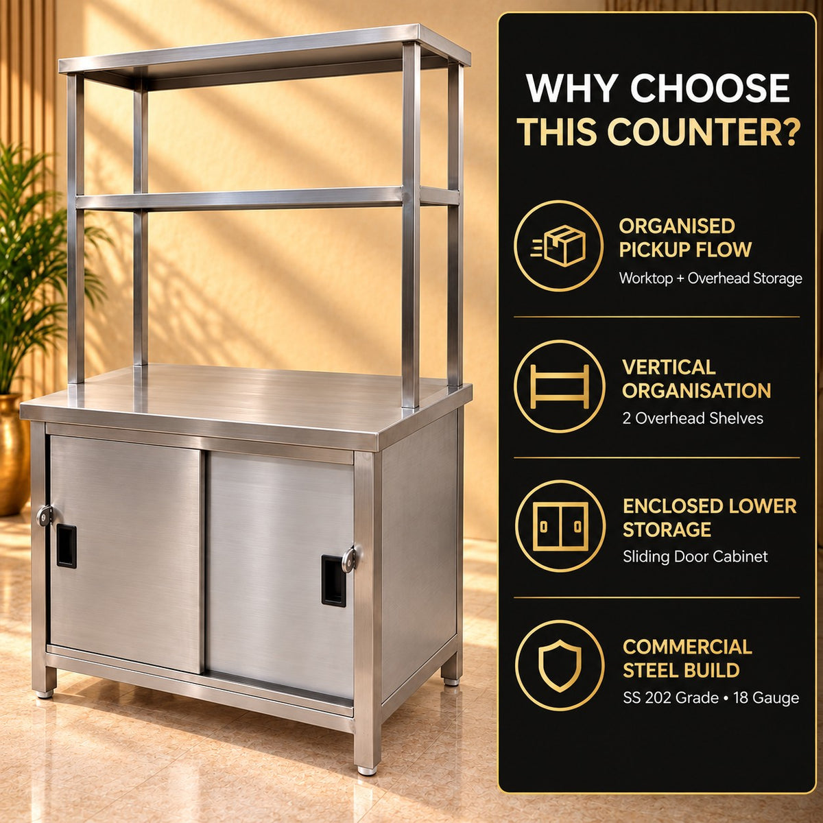 SS Pickup Counter with Sliding Doors – 36 × 24 × 32 + 18 + 12 in