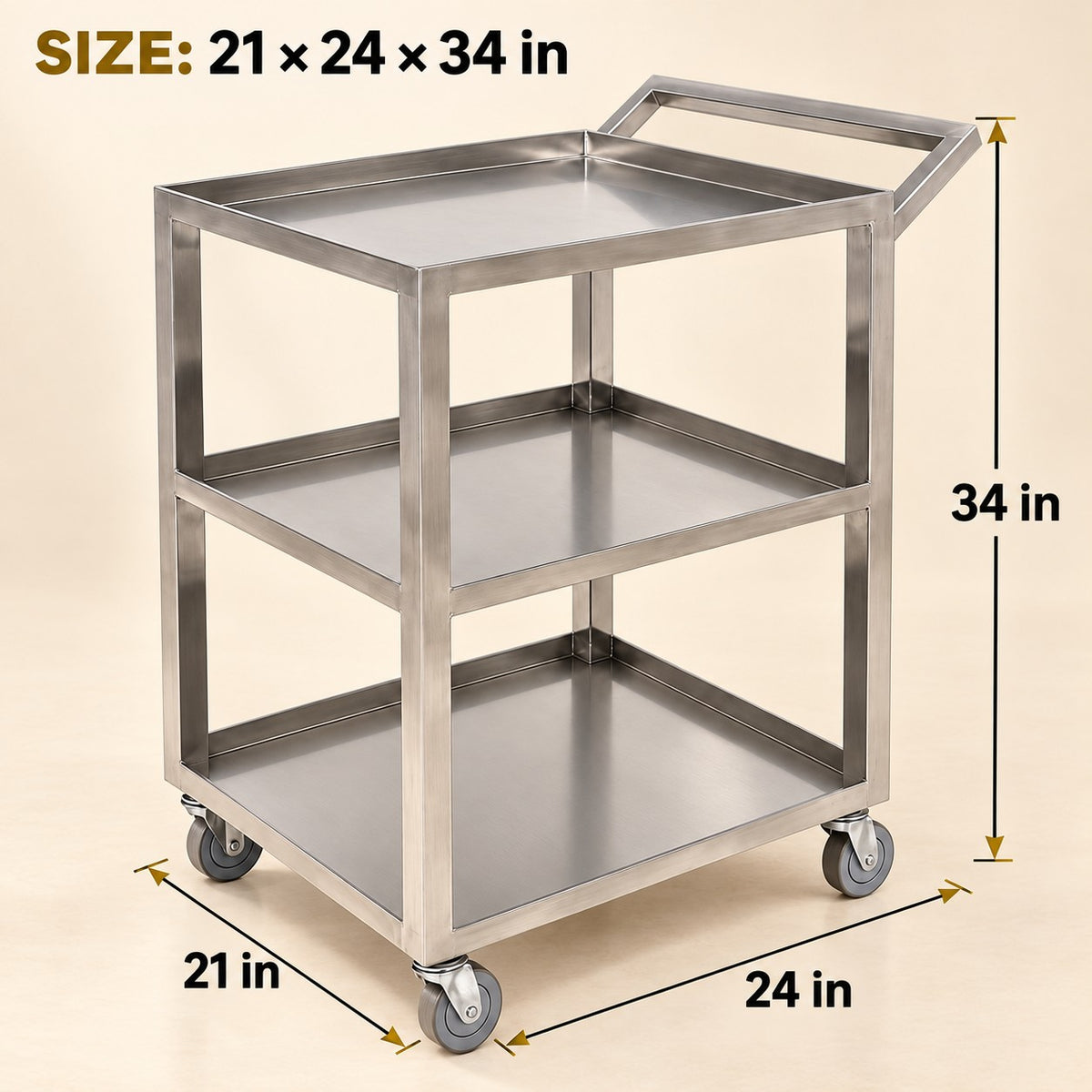 SS 202 Service Trolley with 4 Wheels – 24 × 21 × 32 in