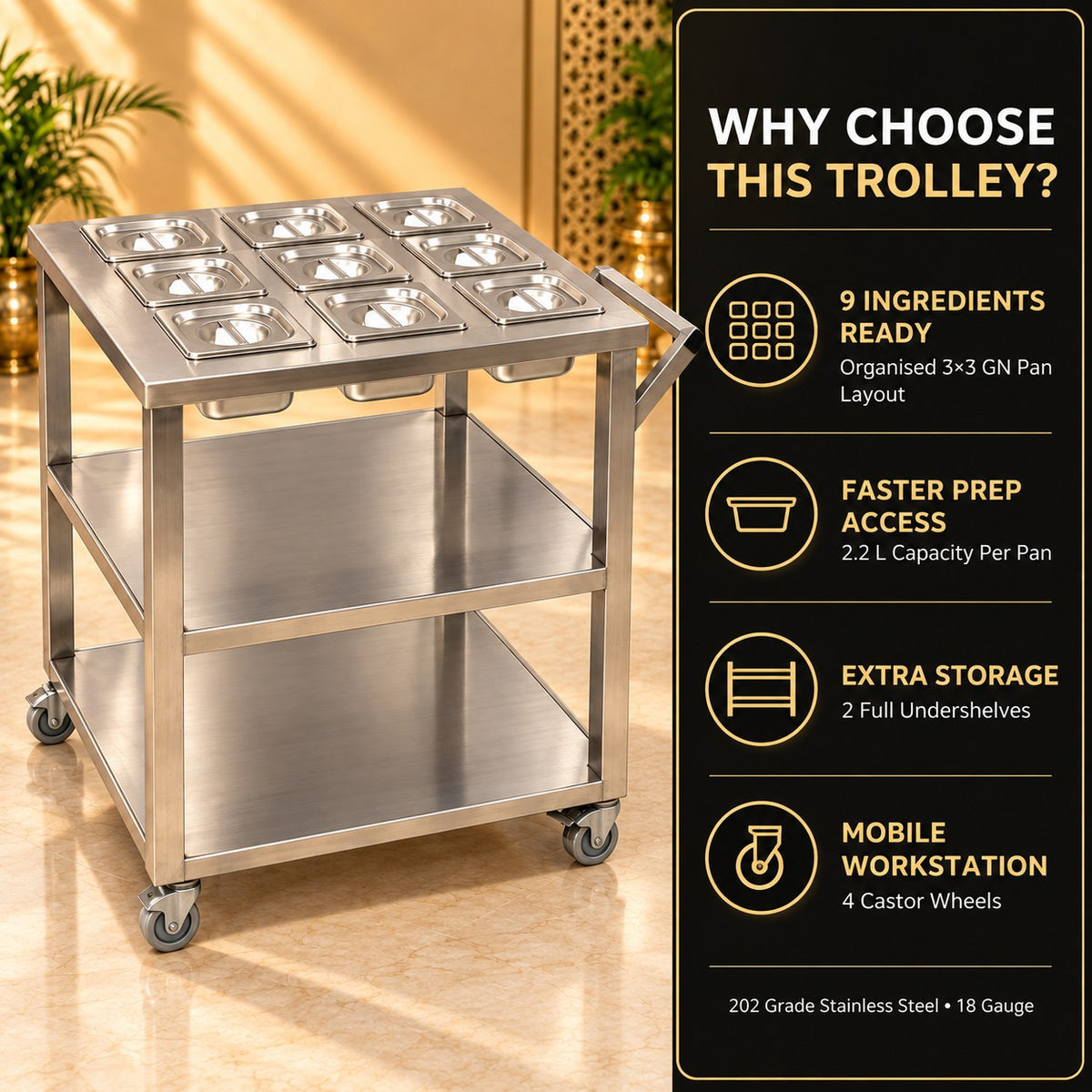 GN Pan Serving Trolley – 28 × 28 × 34 in, 9 Pans