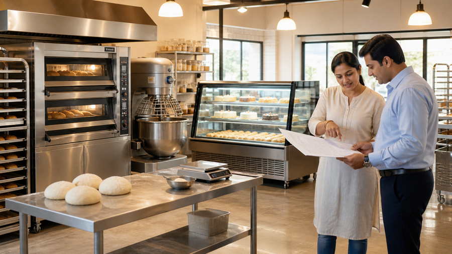 Bakery owner reviewing commercial bakery equipment with a supplier