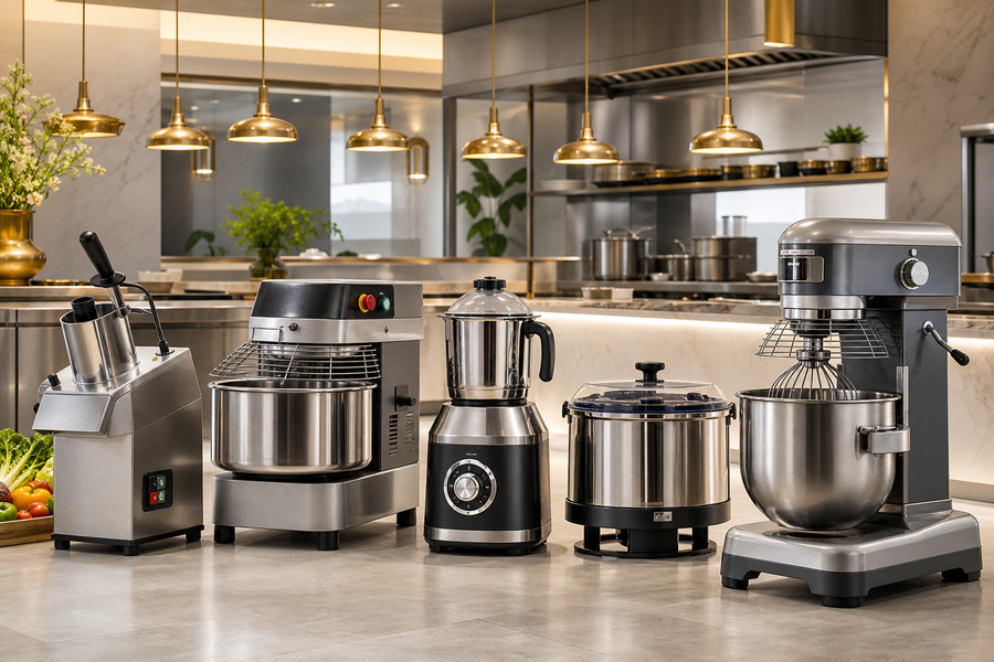 Commercial vegetable cutter, dough kneader, mixer grinder, wet grinder and planetary mixer in a bright premium kitchen