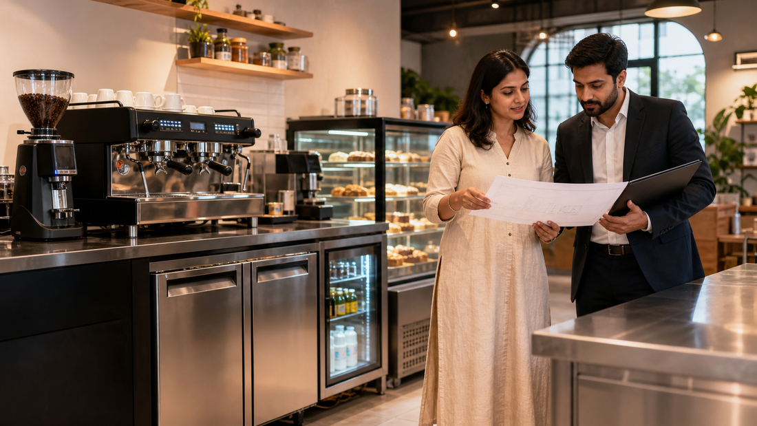 Cafe owner reviewing commercial coffee and refrigeration equipment with a consultant