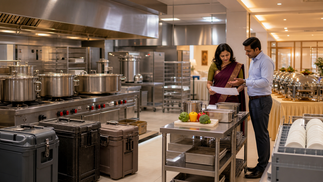 Catering business owner reviewing bulk cooking and buffet equipment with a supplier