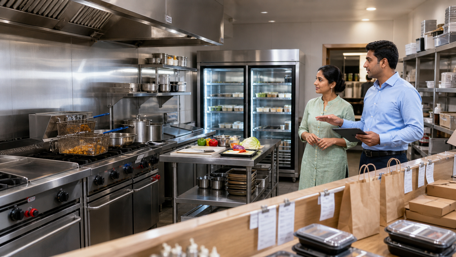 Cloud kitchen owner reviewing commercial delivery kitchen equipment with a consultant