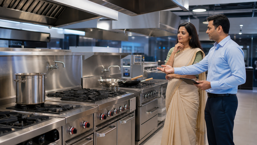 Restaurant owner reviewing a commercial cooking range with an equipment consultant