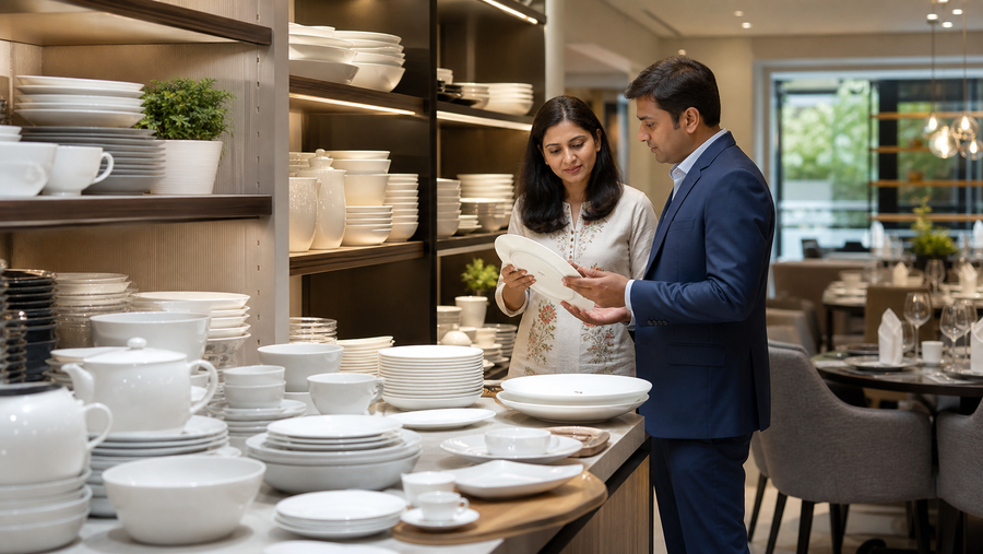 Restaurant owner reviewing commercial tableware with a crockery supplier