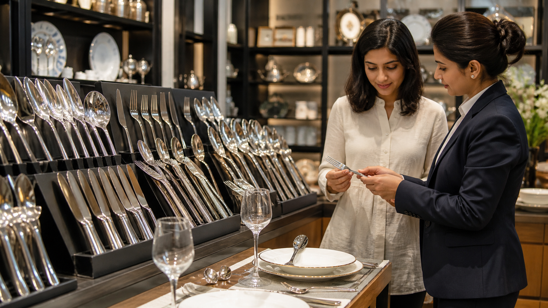 Restaurant owner reviewing stainless steel commercial cutlery with a supplier