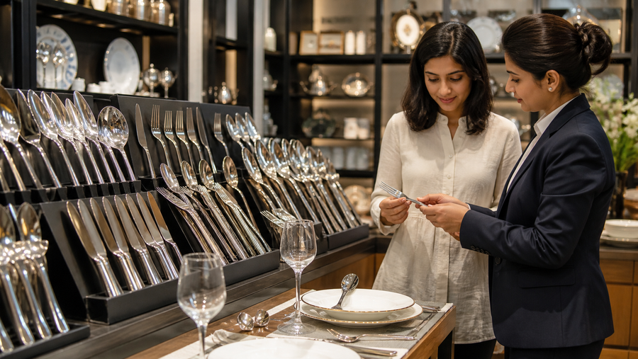 Restaurant owner reviewing stainless steel commercial cutlery with a supplier