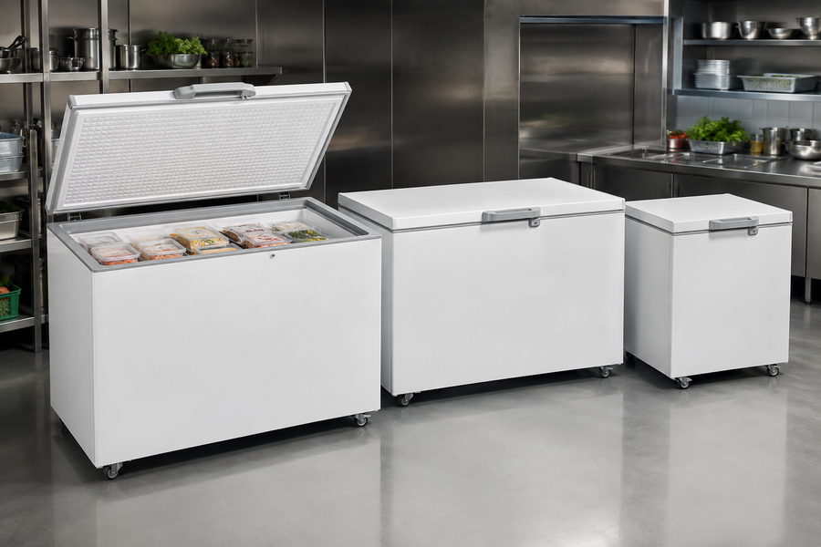 Commercial deep freezer buying guide India showing different chest freezer capacities in a professional kitchen