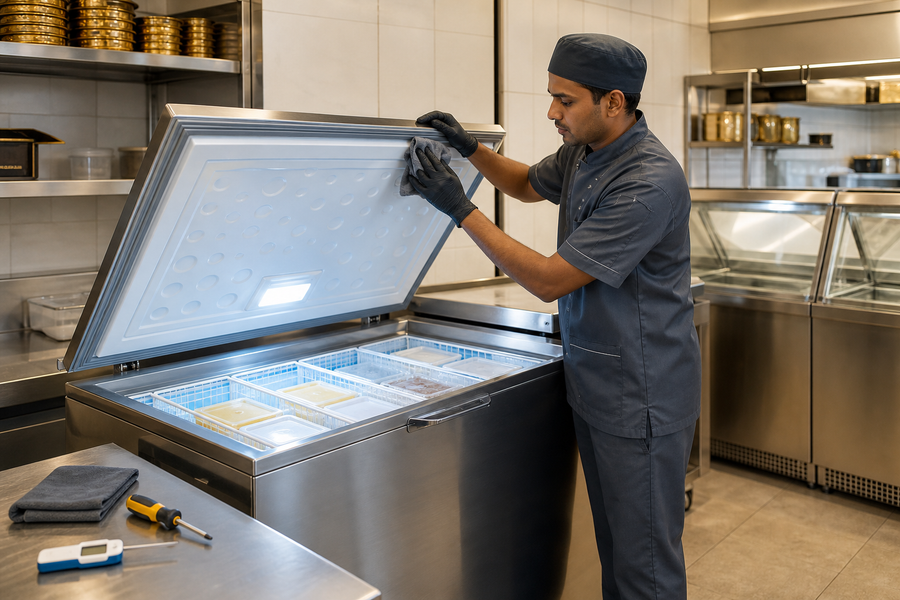 Kitchen technician cleaning the gasket of a stainless-steel commercial chest deep freezer