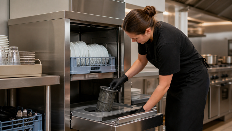 Worker maintaining a stainless steel commercial dishwasher in a restaurant kitchen