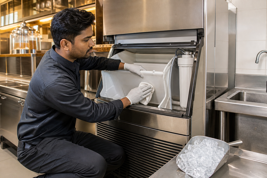 Technician cleaning the food-zone interior of a stainless-steel commercial ice machine