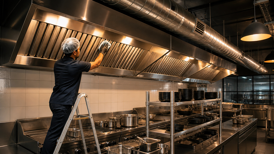 Technician cleaning a commercial kitchen exhaust hood and stainless steel ducting