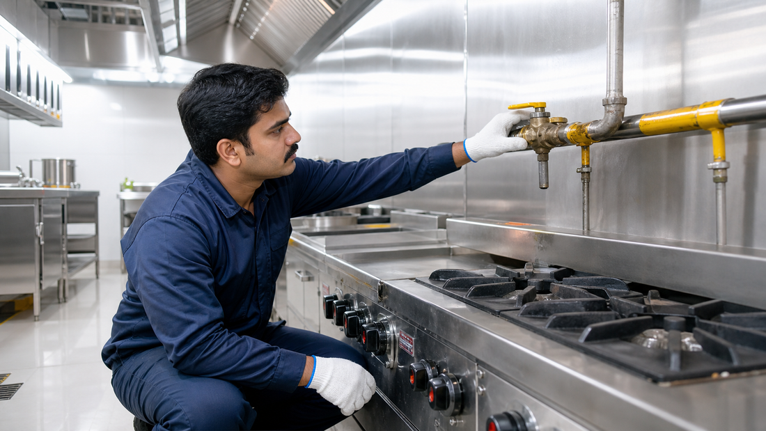 Technician inspecting a commercial kitchen gas pipeline and shutoff valve