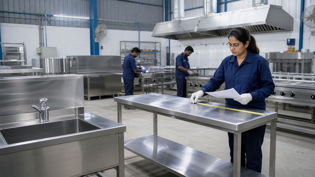 Quality inspection of stainless steel commercial kitchen equipment in a manufacturing workshop