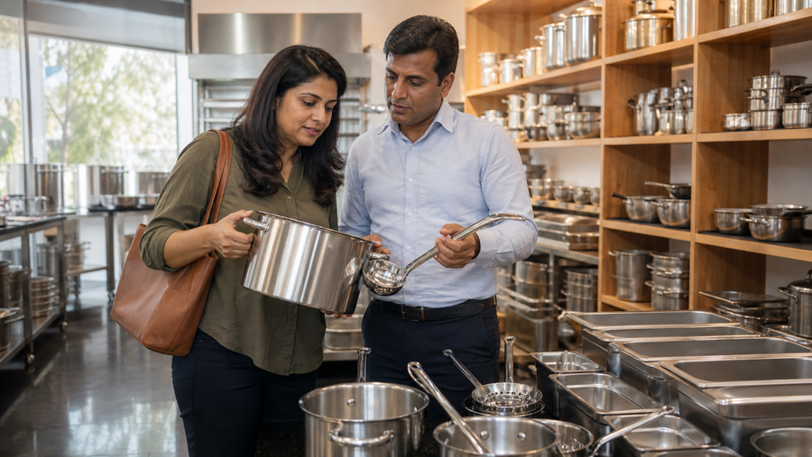 Restaurant owner comparing stainless steel utensils with a commercial kitchen utensil supplier in India