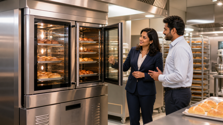 Restaurant owner reviewing a commercial bakery oven with an equipment consultant