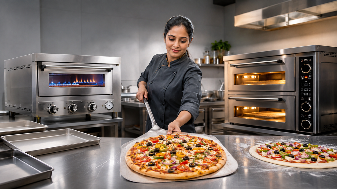 Commercial pizza oven buying guide India comparing gas and electric ovens in a professional pizzeria