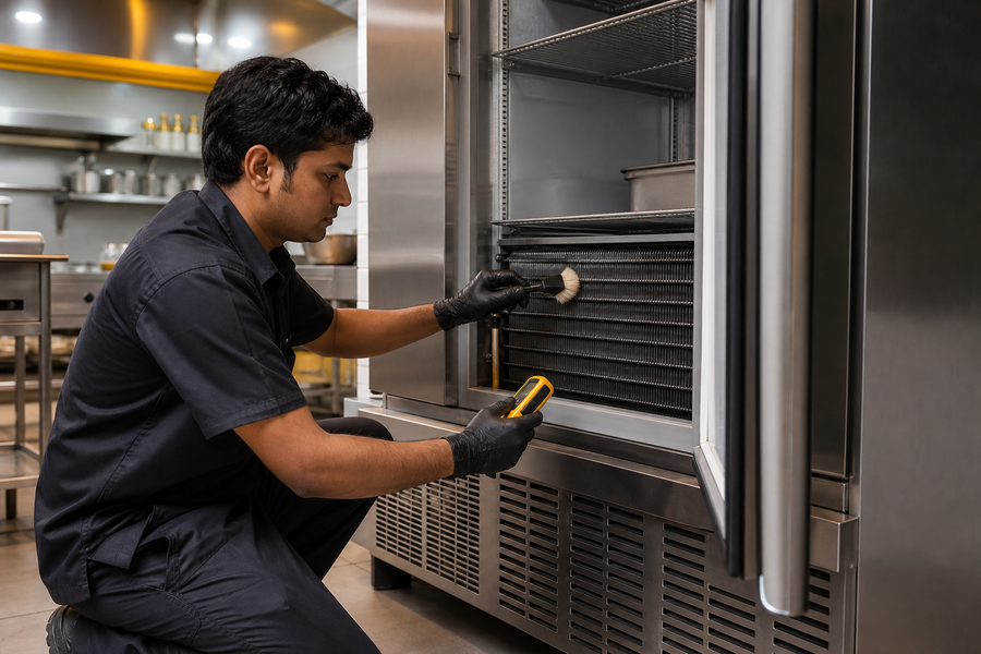 Technician cleaning the condenser of a stainless-steel commercial refrigerator in a restaurant kitchen