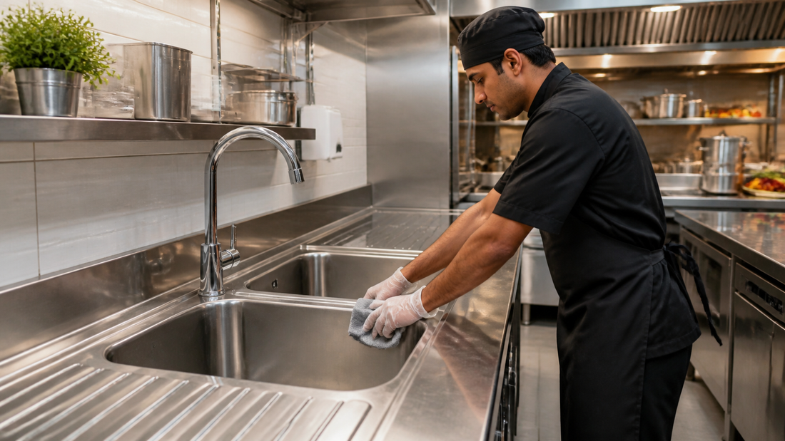 Commercial stainless steel sink maintenance in a professional kitchen