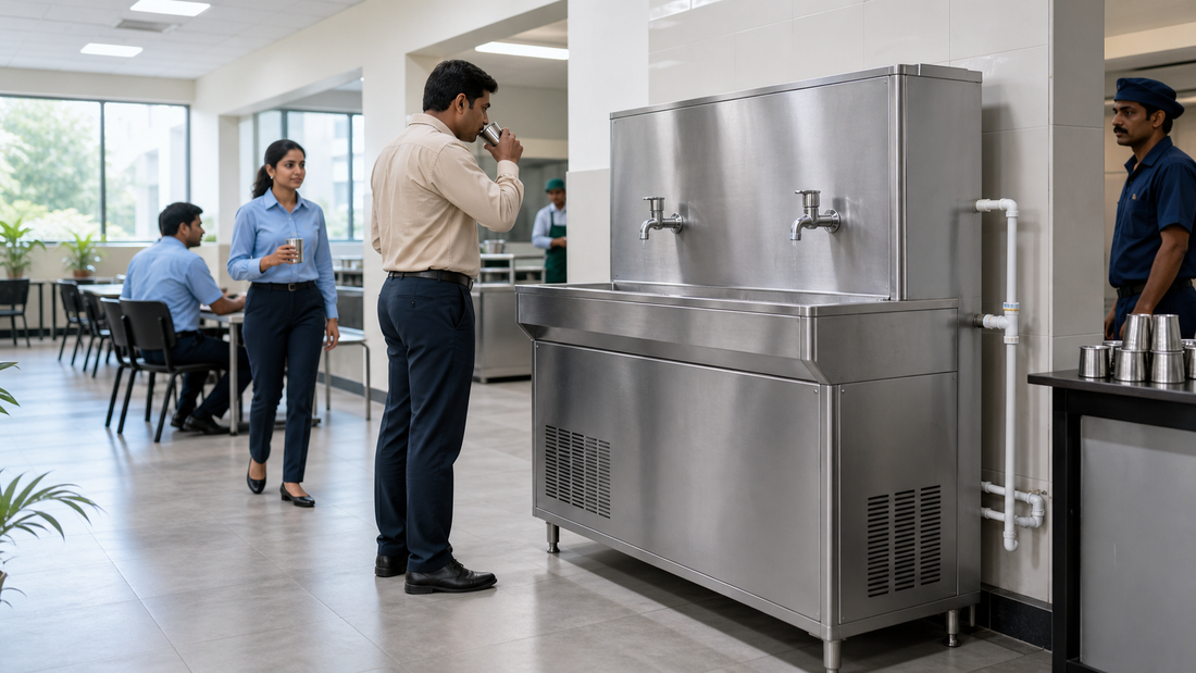 Commercial stainless steel water cooler installed in an Indian office and institutional refreshment area
