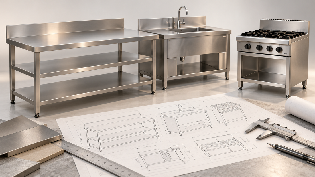 AI-generated concept illustration of stainless steel work table, sink and cooking range with planning drawings and measuring tools.