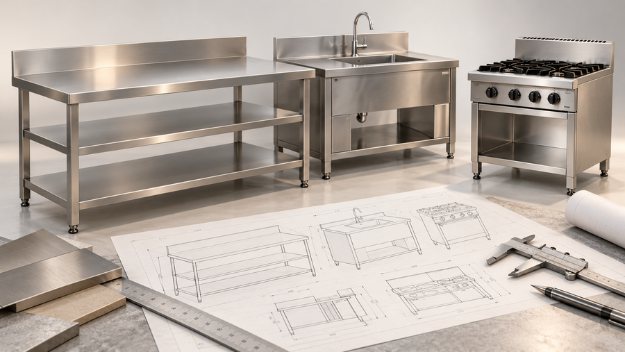 AI-generated concept illustration of stainless steel work table, sink and cooking range with planning drawings and measuring tools.