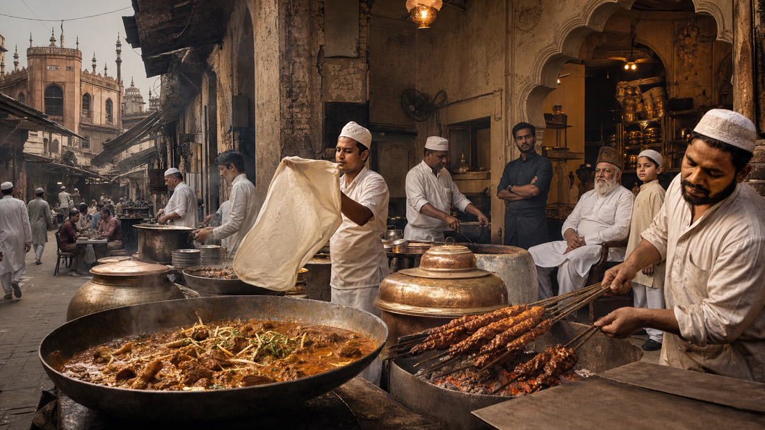 Historical-style editorial scene of a busy heritage Mughlai restaurant kitchen in Old Delhi