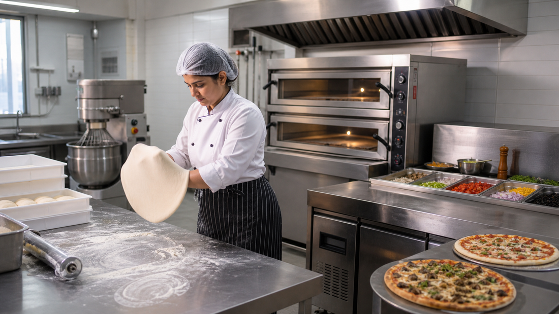 Indian female chef preparing pizza dough in a commercial pizza kitchen with deck oven and mixer