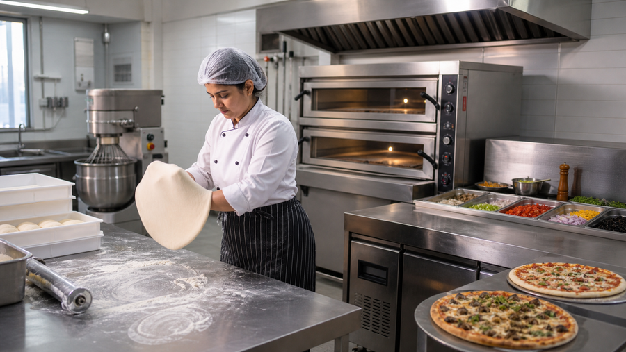 Indian female chef preparing pizza dough in a commercial pizza kitchen with deck oven and mixer