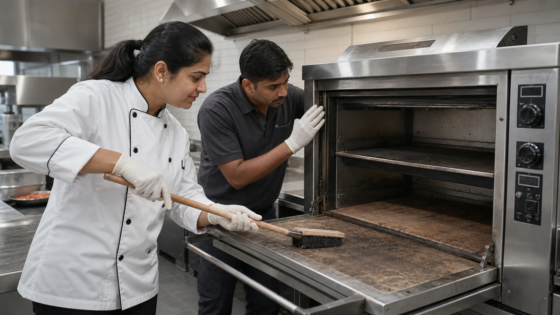 Chef and technician safely cleaning and inspecting a cool commercial pizza oven in a restaurant kitchen