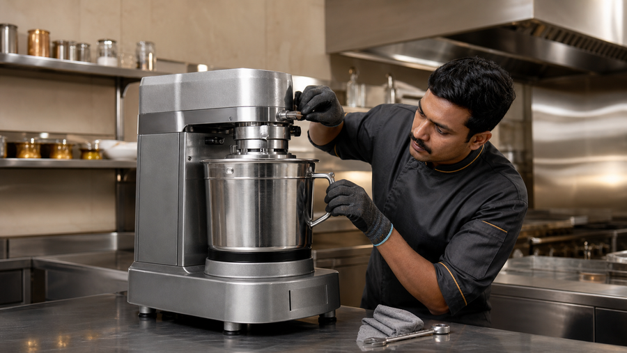 Technician maintaining a commercial mixer grinder in an Indian restaurant kitchen
